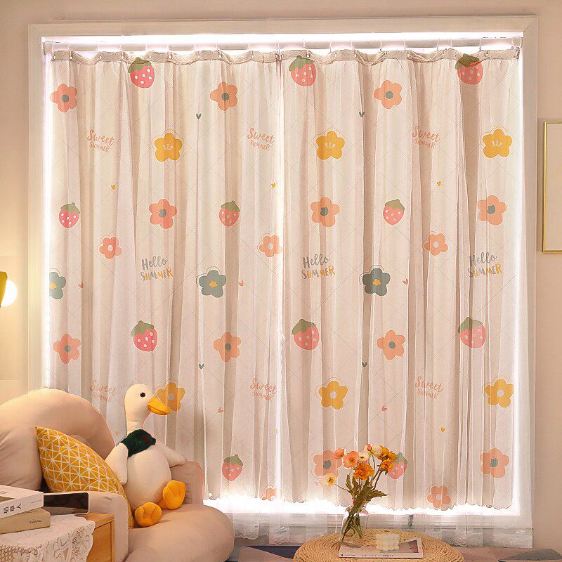 Small window curtains without punching simple installation short blackout cloth bedroom bay window telescopic rod full set