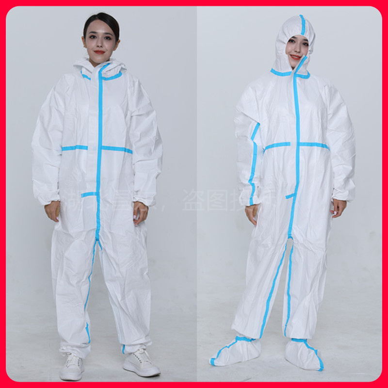 Special thick dust and waterproof isolation clothes disposable adhesive protective clothing Working clothes one-piece full body with cap blue strip seal-Taobao