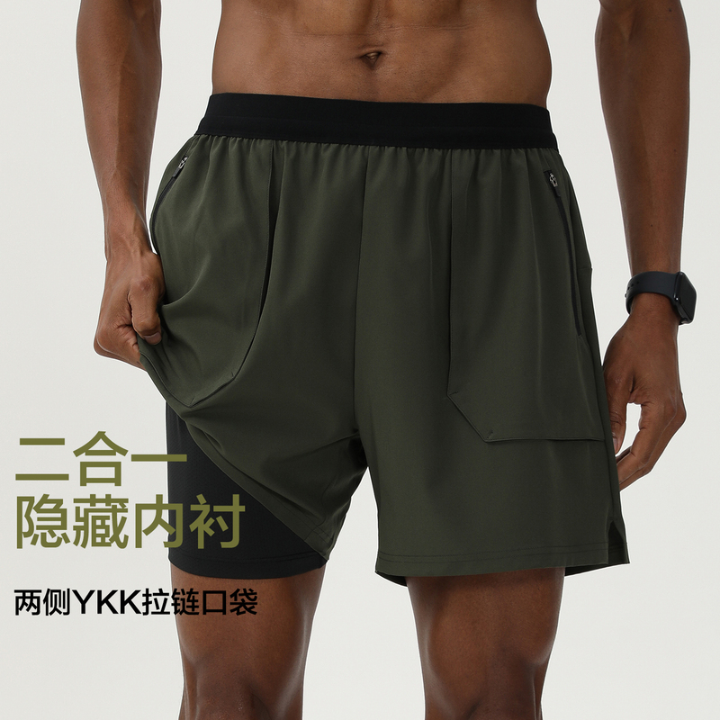 Liofro Double-Layer Quick-Drying Two-In-One Pocket Zipper Sports Shorts Running Fitness Training Breathable Quarter Pants for Men