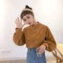 Mùa thu 2018 phiên bản mới của Hàn Quốc của quần nhung kẻ lỏng đèn lồng tay áo học sinh áo len màu hoang dã áo len cao cổ