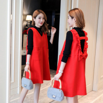 Maternity autumn dress 2022 new woolen mid-length two-piece suit fashion strap skirt autumn top