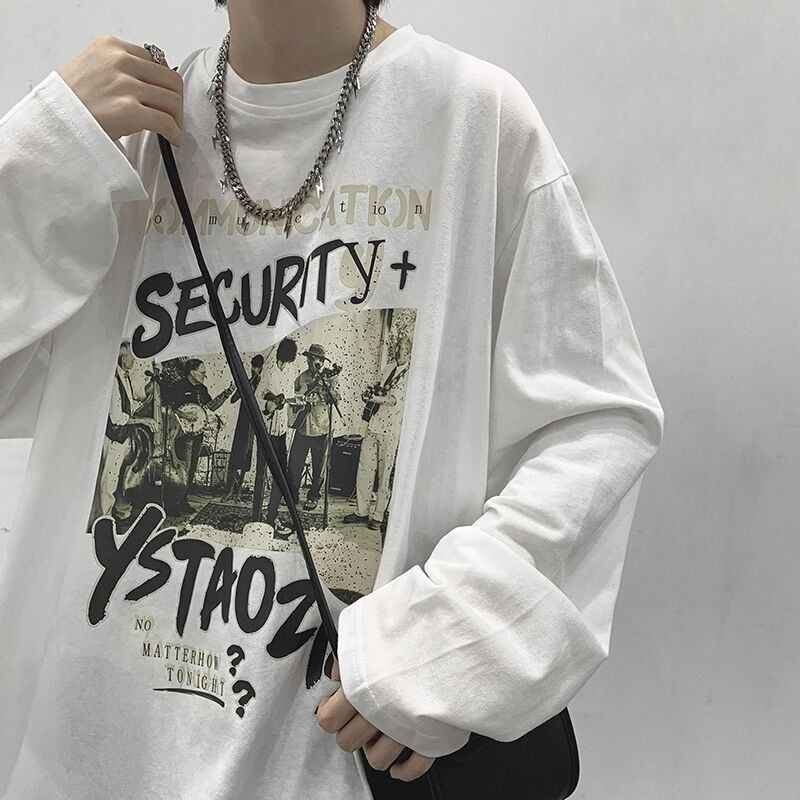 White Long-Sleeve T-Shirt for Men, Loose Casual Base Shirt for Spring and Autumn, Trendy Brand ins Hong Kong Style Korean Version Versatile Solid Color Top White Long-Sleeve T-Shirt for Men, Loose Casual Base Shirt for Spring and Autumn, Trendy Brand ins Hong Kong Style Korean Version Versatile Solid Color Top