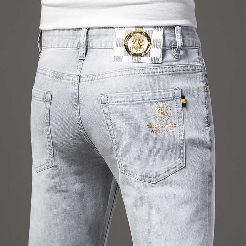 Italian High-End Light Gray Lyocell Tencel Jeans for Men, Summer Thin Slim-Fit Printed Long Pants Trendy