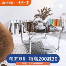 Ins Medieval Modern Small Apartment Balcony Square Coffee Table Minimalist Stainless Steel Black Tempered Transparent Glass Side Table