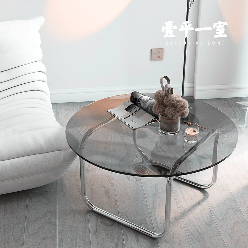 Net Red Ins Cream Style Black Round Coffee Table Small Apartment Stainless Steel Design Tempered Glass Short Side Table - Taobao