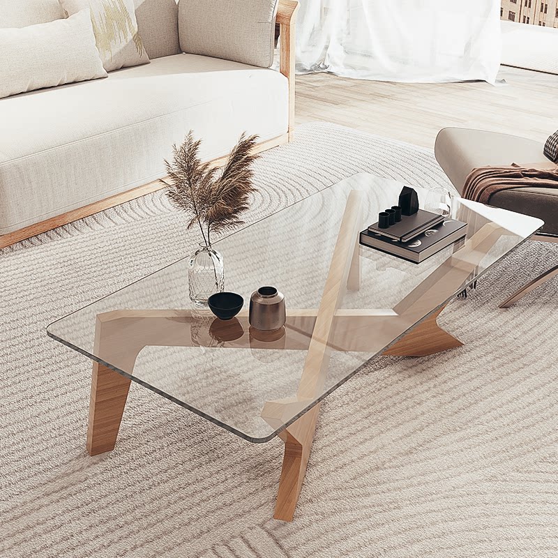 ins cream style minimalist rectangular sofa side table Japanese log creative design tempered glass solid wood coffee table