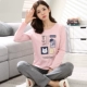 Bộ đồ ngủ nữ mùa thu dài tay thường xuyên Phim hoạt hình cotton thường xuyên đặt mùa xuân và mùa đông Hàn Quốc ngọt ngào kích thước lớn nữ dịch vụ tại nhà