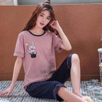 Pajamas female summer Korean princess cartoon cute short sleeve Capri pants sweet cotton home suit plus size