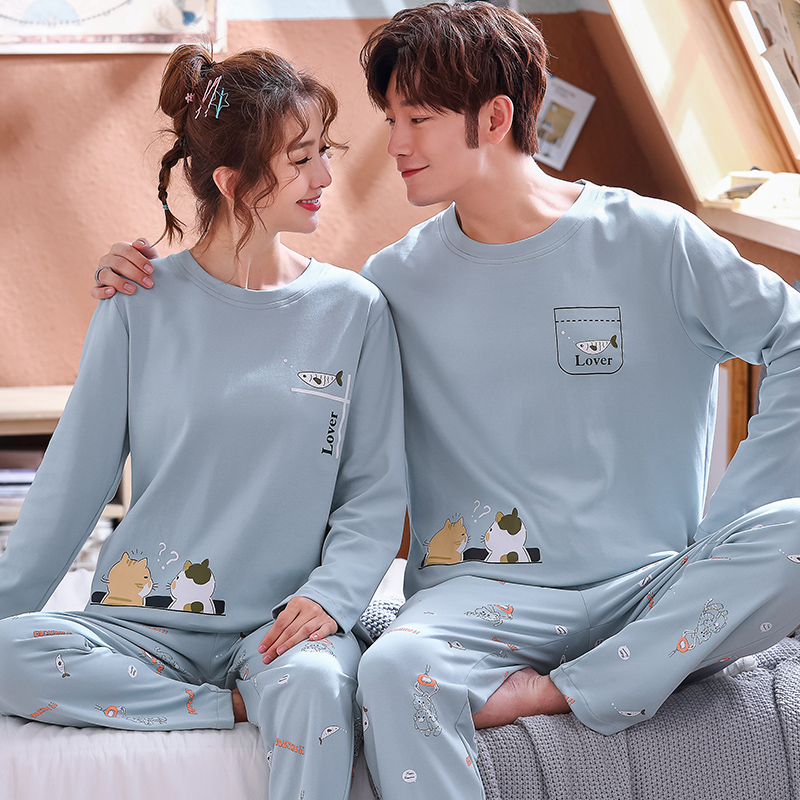 Lovers Pyjamas Fall Male and female Young Long sleeves Long sleeves Pants Lady Cartoon Cute pure cotton loose Home Suit Suit