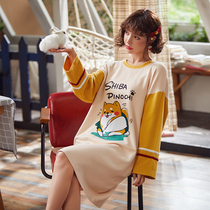 Sleeping Skirt Woman Fall Girl Pure Cotton Long Sleeve Long Skirt Sexy Cartoon Cute Casual Increase Code Extras Wear Home Clothing