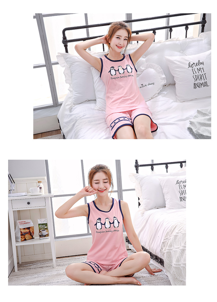 Mùa hè vest quần short cotton phim hoạt hình đồ ngủ nữ mùa hè không tay cotton dễ thương phụ nữ lỏng lẻo của dịch vụ nhà phù hợp với