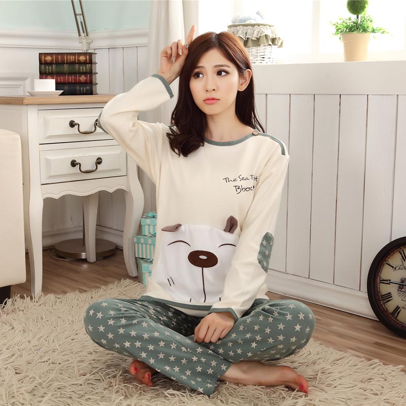 Mùa xuân và mùa thu mới phụ nữ đồ ngủ nữ dễ thương phim hoạt hình dài tay cotton phụ nữ phục vụ nhà cotton bộ đồ mặc nhà