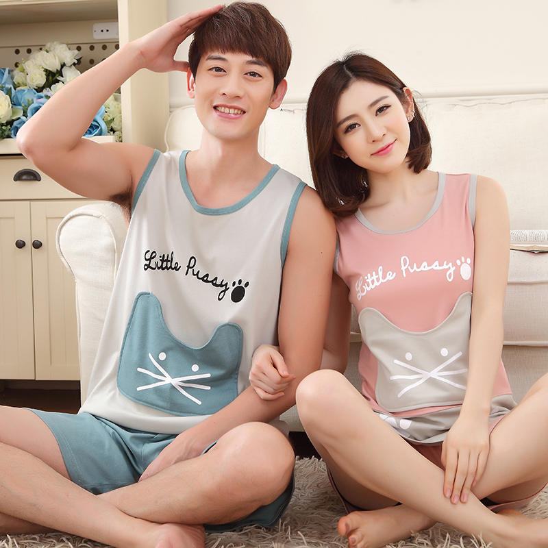 Summer sleeveless cotton couple pajamas men's summer vest shorts cotton Korean women's home service suit summer