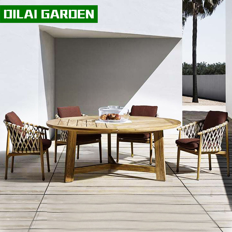 Nordic Teak Wood Patio Sunscreen Sunscreen Outdoor Patio Rattan Chairs Sofa Balcony Backrest Leisure Small Tea Table Furniture Combination