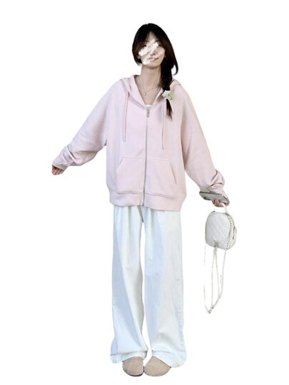 Pink Sweatshirt Jacket for Women, Autumn and Winter, Korean Style, Lazy Style, Loose Fit, Hooded, Zip-Up, Fleece-Lined, Thickened