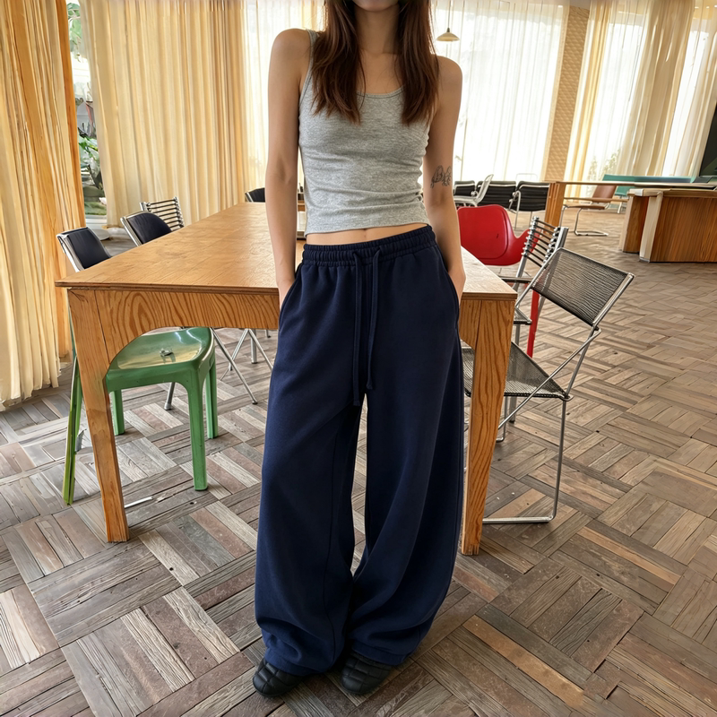 Casual and Relaxed Women's Sweatpants, Fall 2026 New Style, Low-Waisted Drawstring Straight-Leg Sweatpants, American-Style Navy Blue Pants Casual and Relaxed Women's Sweatpants, Fall 2026 New Style, Low-Waisted Drawstring Straight-Leg Sweatpants, American-Style Navy Blue Pants