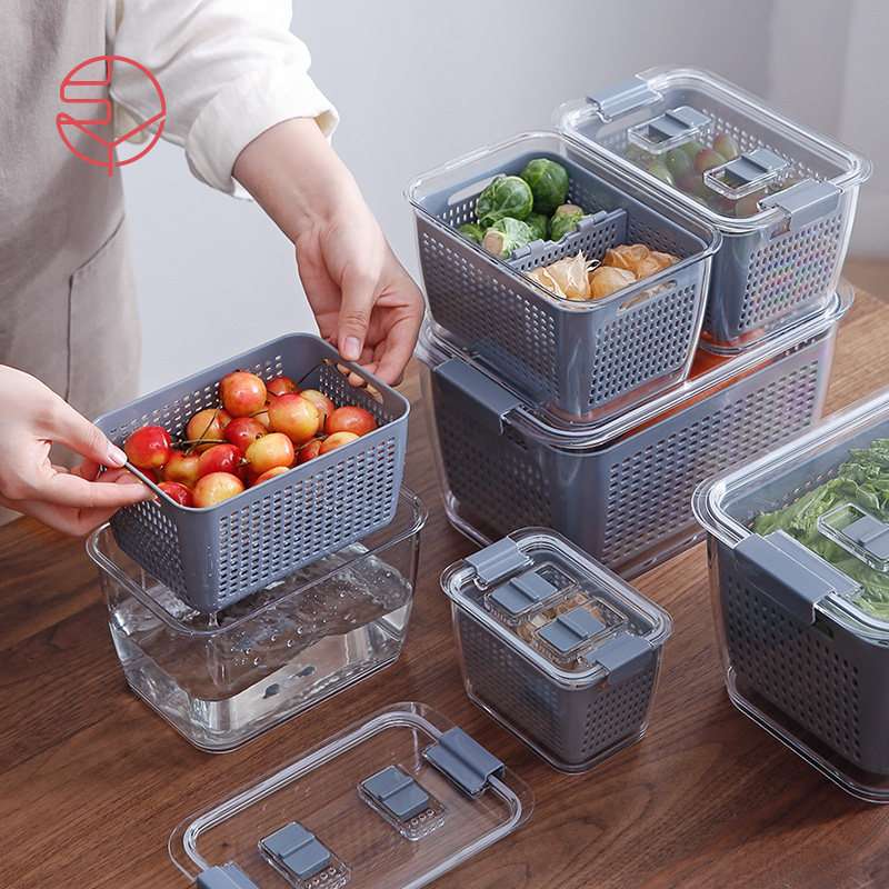 Frost Mountain Japanese-style draining fresh-keeping box plastic washing fruit washing vegetable draining basket kitchen refrigerator sealed fruit and vegetable storage box