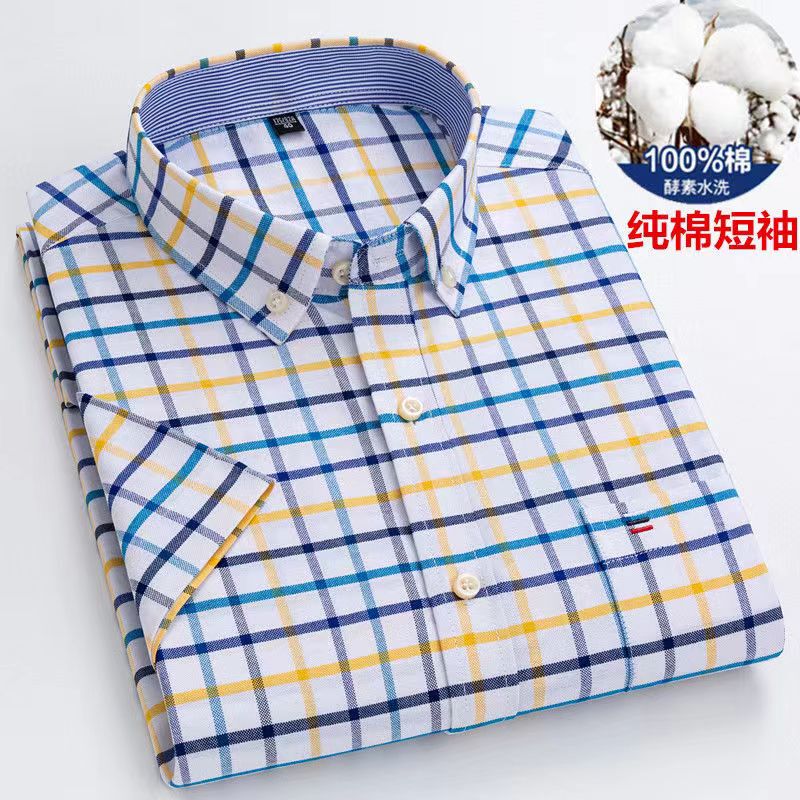 100% Pure Cotton Summer Style Oxford Plaid Shirt Men's Short-Sleeved Casual Cotton Shirt for Young and Middle-Aged Men Plus Size