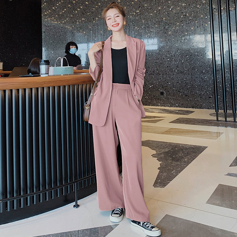 Pink fashion suit women's spring and autumn 2021 new Korean version suit jacket wide-leg trousers two-piece set