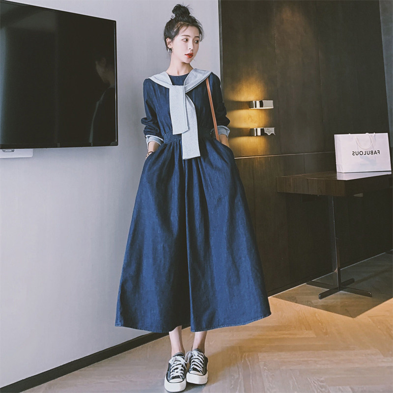 Waist denim long-sleeved dress women's 2020 autumn new French style age-reducing, thin and high-casual temperament long skirt