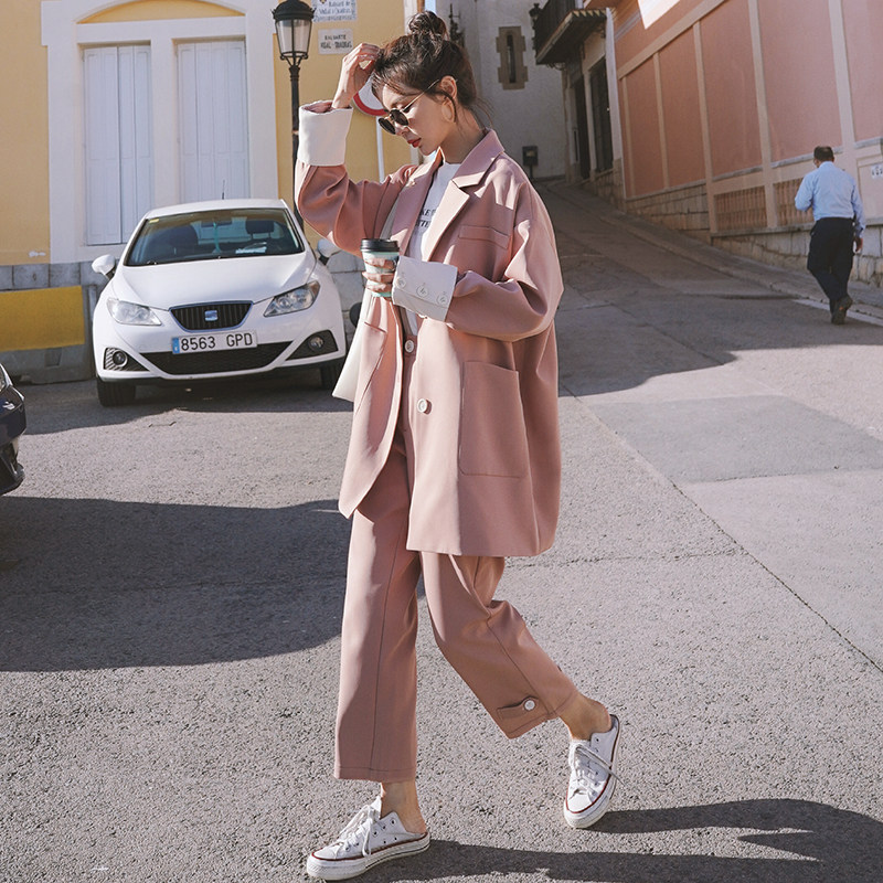Pink net red suit jacket female Korean version loose 2021 spring and autumn new high-end fried street small suit pants