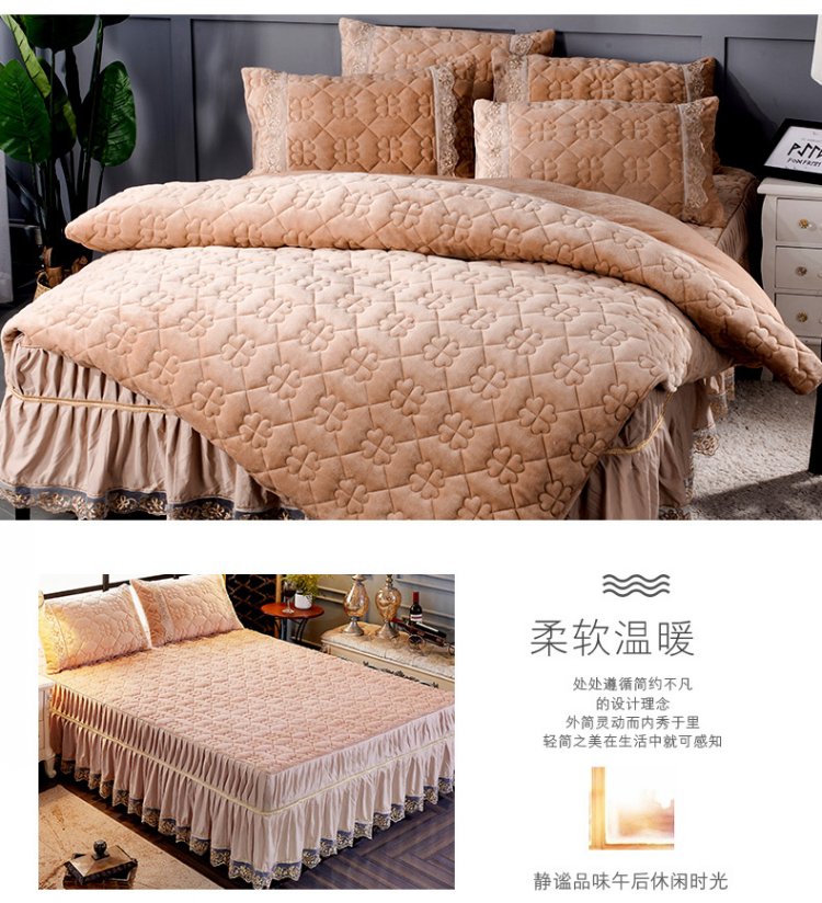 Nằm xuống giường dày phương pháp dày gia đình váy của bốn bộ bốn khăn trải giường flannel ấm giường 1,5m 1.8m Kits - Bộ đồ giường bốn mảnh chăn ga gối đệm giá rẻ