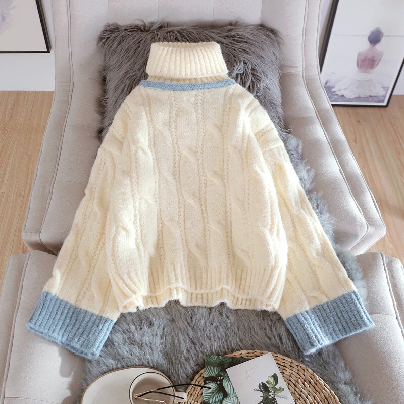 Turtleneck Sweater for Women, New Autumn and Winter Style, Loose and Casual, Cable Knit, Thick Base Layer Top for Outerwear