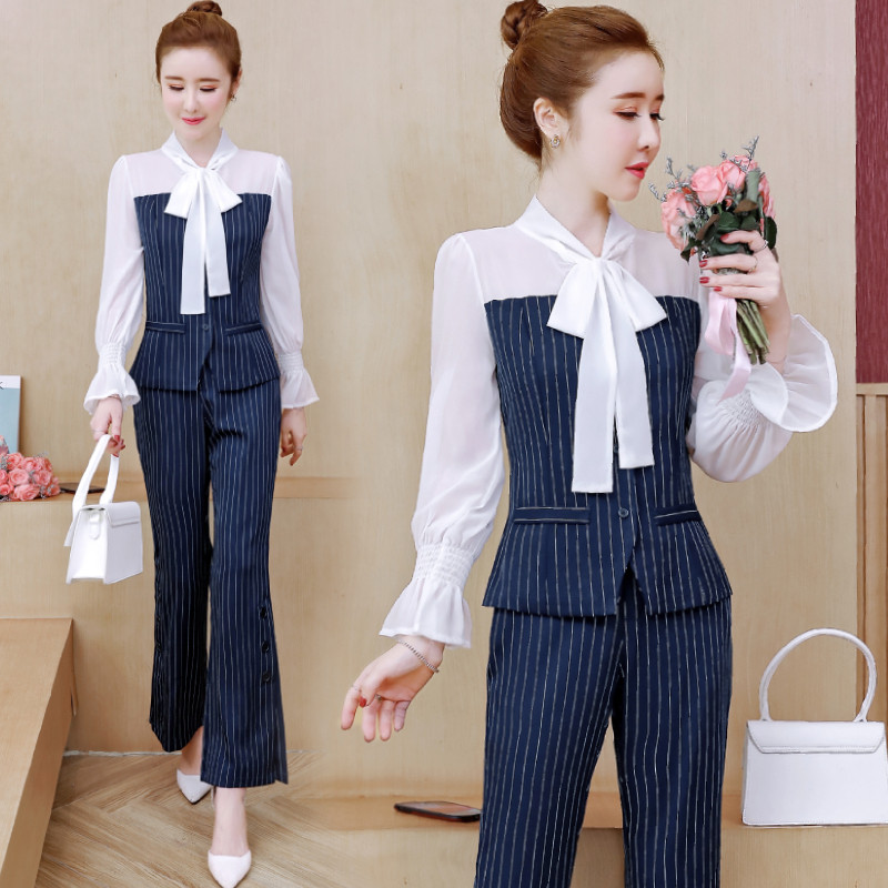 Spring and Autumn 2020 New Fashion Suit Temperament Goddess Fan Clothes Striped Casual Pants Slim Two-piece Western Style