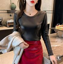 Autumn Winter New PU Plus Tight Body Bright Face High Collar Leather Jacket Blouses Undershirt Sexy Big Code Woman WARM