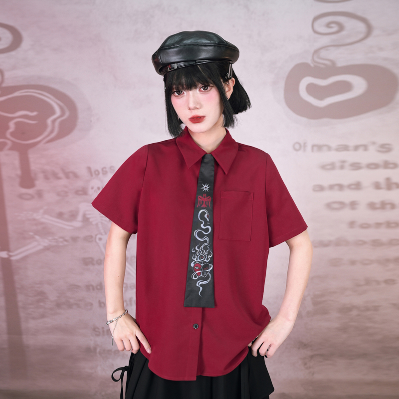 Quirky House'Light and Darkness Reborn' Detachable Tie Casual Red Short-Sleeve Shirt for Women, Loose Dark Top for Summer