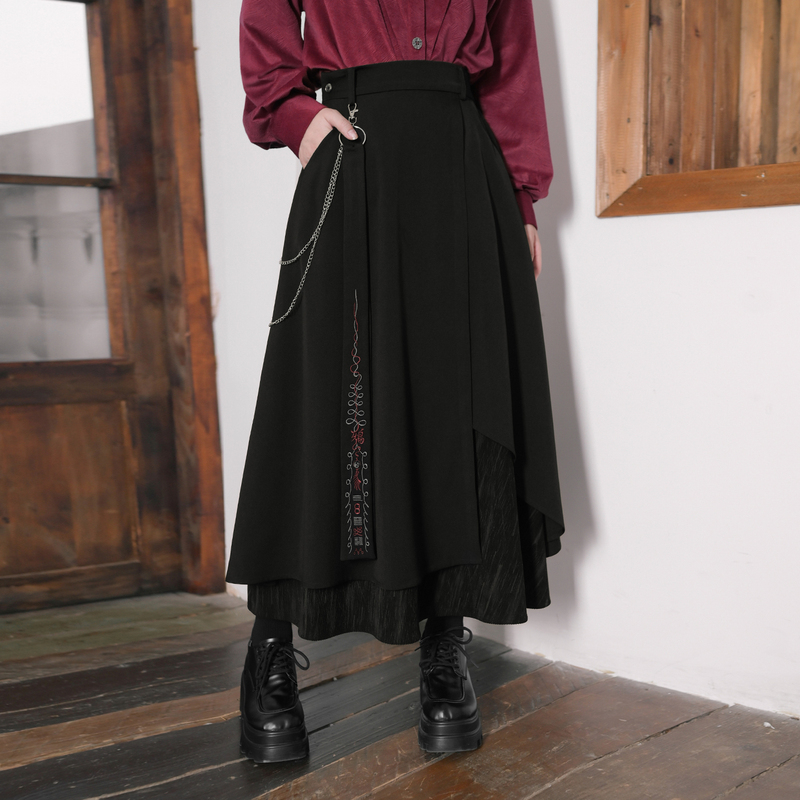 Quirky House'Raven' A-Line Skirt for Women, Irregular Double-Layer Splicing, Ink-Dyed Print, Slimming Chain Skirt