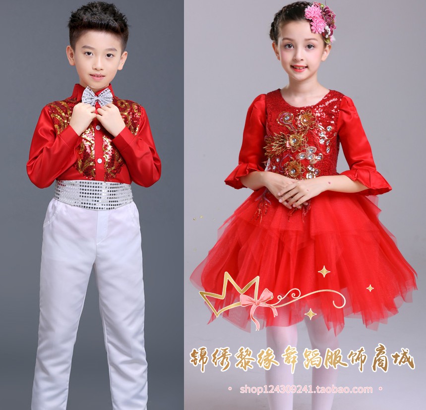 Học sinh tiểu học và trung học hợp xướng biểu diễn trang phục thơ đọc mùa thu và mùa đông tay dài nam nữ trẻ em chủ nhà biểu diễn quần áo trang phuc bieu dien