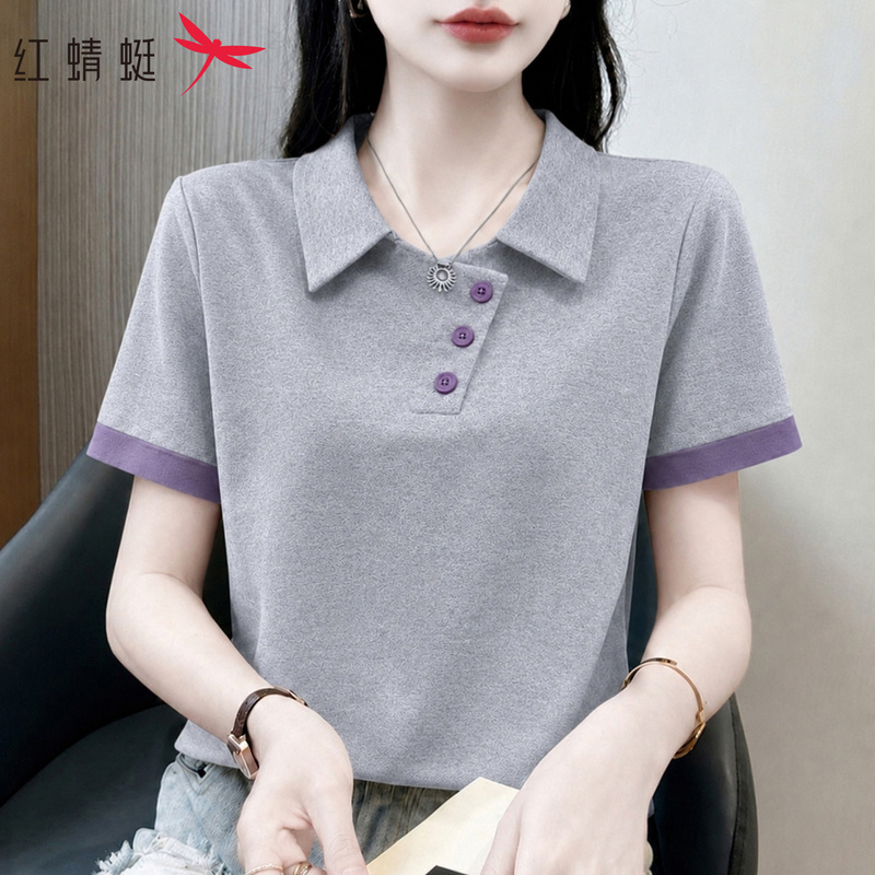 Red Dragonfly Right-Shoulder Polo Shirt T-Shirt for Women, Short-Sleeved 2026 New Summer Style with a Contrasting Color Design, Women's Top