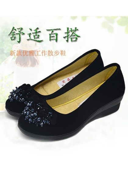 春秋夏天穿老北京布鞋平底坡跟防滑浅口低帮女士工作上班黑色单鞋