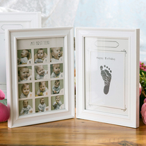 Baby hand and foot inkpad souvenir newborn baby Festival souvenir solid wood foldable hinge photo frame setting