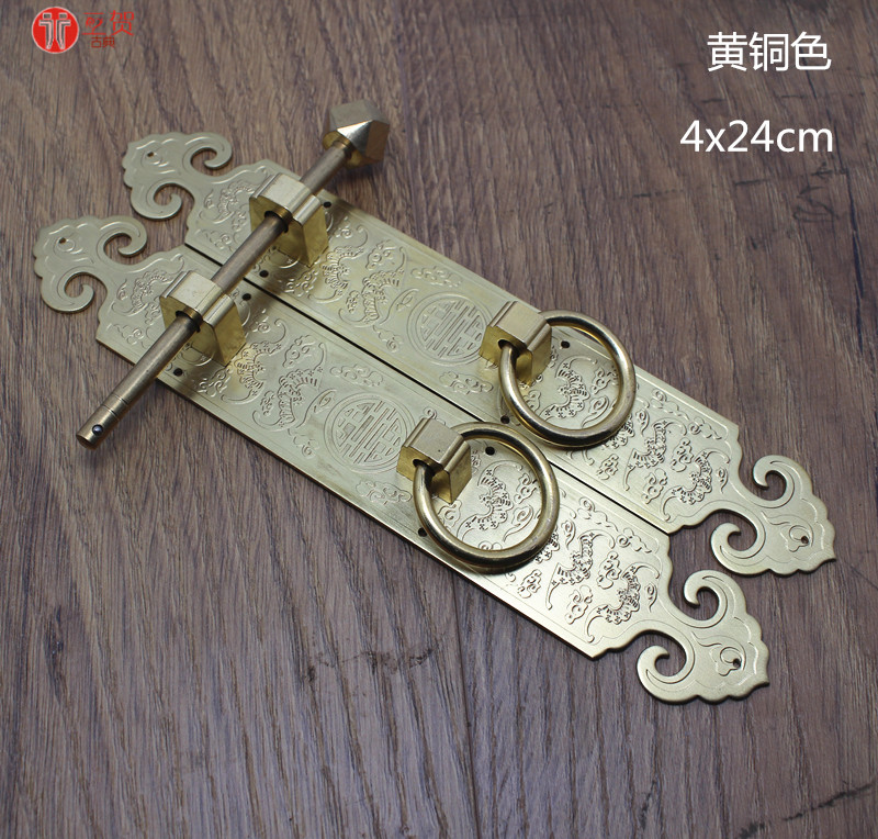 Chinese antique pure copper door cabinet door straight handle carved flower surface mounted door wardrobe pull ring Decorative latch handle