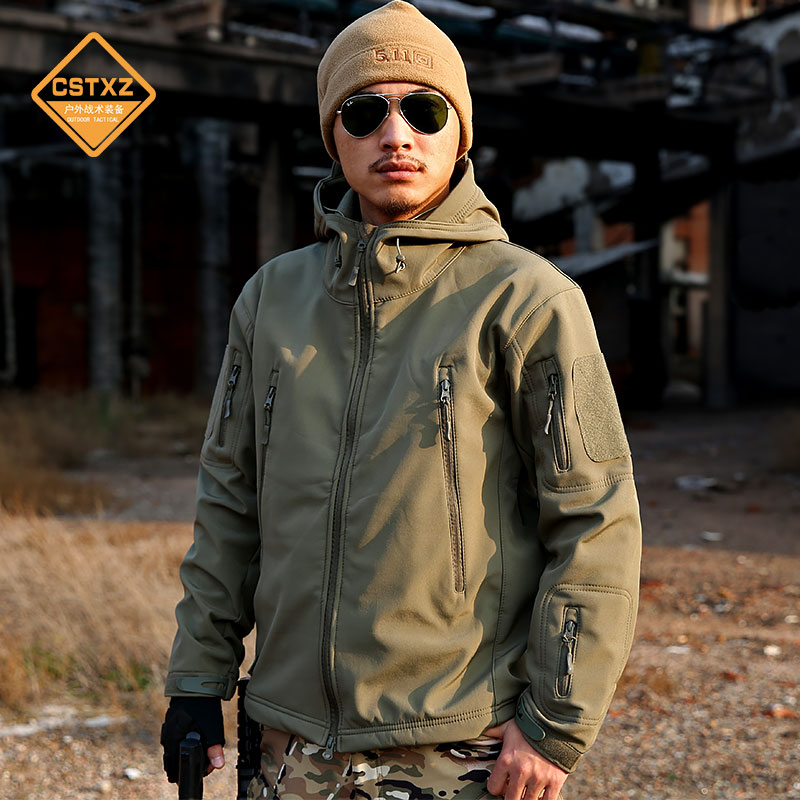 Outdoor sharkskin soft shell jacket for men and women autumn and winter plus velvet thickening waterproof windproof tactical mountaineering jacket