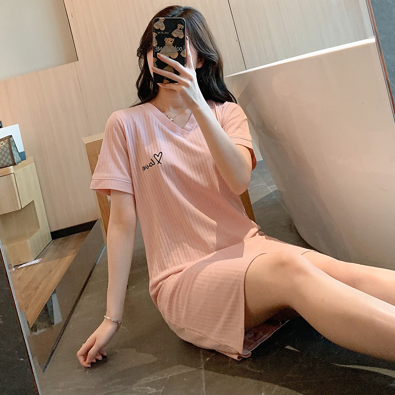 Sleepwear Women Summer Pure Cotton Sweet students Jane about pure color Sleeping dress lady Spring and autumn 2022 New letter Home Residence Dress