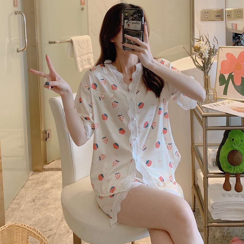 Ice silk sleepwear women's jersey slim in summer Lovely tennis Red day Lace Foreign Pie short sleeve Home Two-style suit