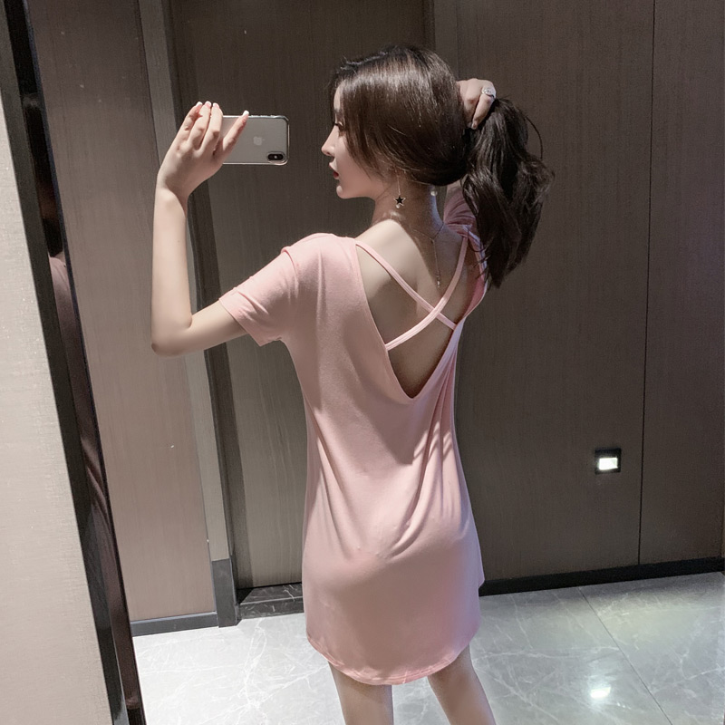 Sleeping dress female short - sleeve Model pure cotton 2023 new pregnant woman loose large - code exposure back cross pajamas