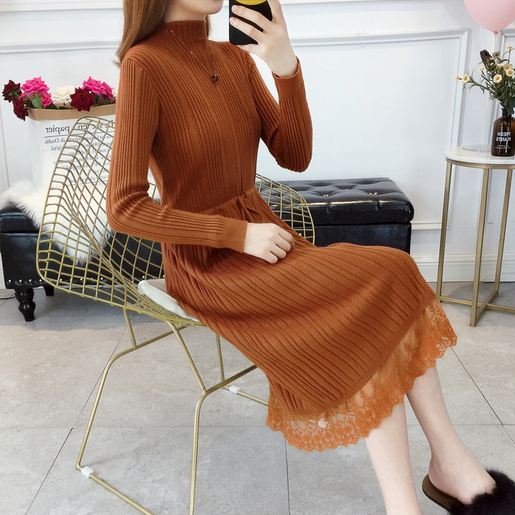 Thu đông 2018 mới của phụ nữ đầu dài đầu gối đan váy nửa cao cổ áo eo thon váy len hoang dã áo cardigan nữ