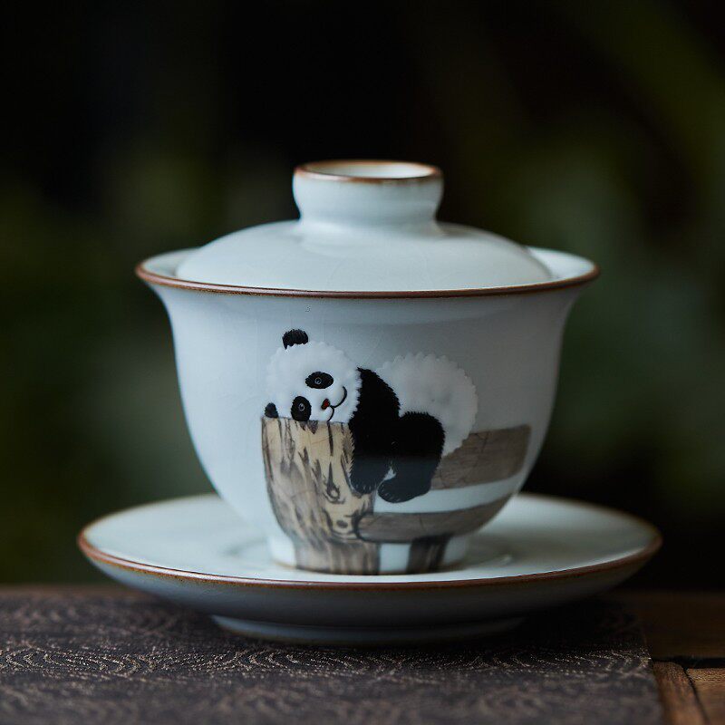 Pure Artisanal Ru Kiln Open Sheet Ceramic Hand-painted Cute Panda Kongfu Tea Home Literature And Art Youth Tea Chinese Cover Bowl-Taobao