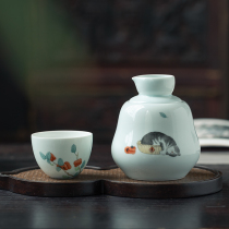 Shadow green gourd warm wine pot for one person to drink rice wine and white wine ceramic drinking utensils literary petty bourgeoisie hand-painted cat wine glass