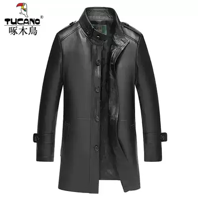 Woodpecker Haining leather coat trench coat men's stand collar medium long version coat men's leather clothing slim sheepskin coat