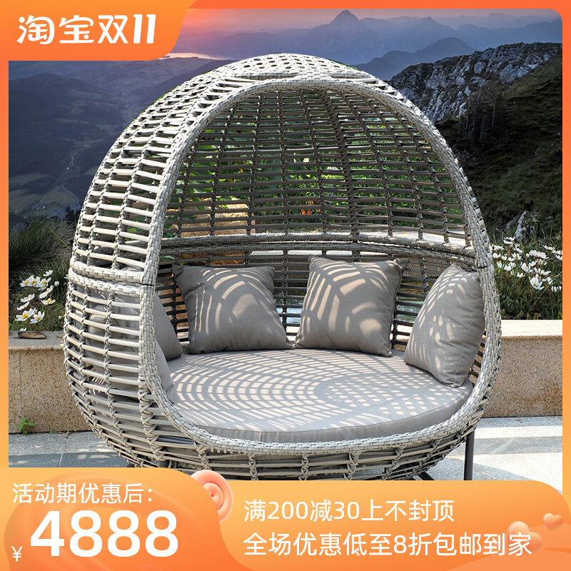 Outdoor deck bed sofa balcony Nordic leisure courtyard rattan sofa round bed villa outdoor rattan deck chair rattan chair