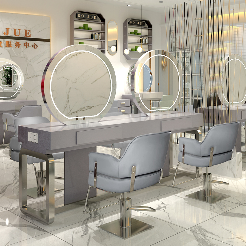 New hair mirror stainless steel hair cutting mirror table Solid wood hair salon mirror table led light hair salon mirror table