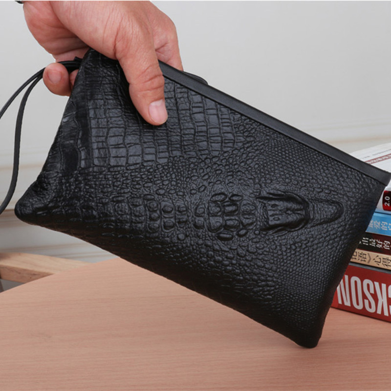 Hong Kong men's handbag genuine leather cow leather handbag with crocodile leather tattooy hand grip bag fashion large capacity hand carrying bag