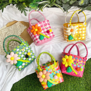 Girl ins net red down smiley flowers colorful woven vegetable basket portable small square bag woven bag spring outing