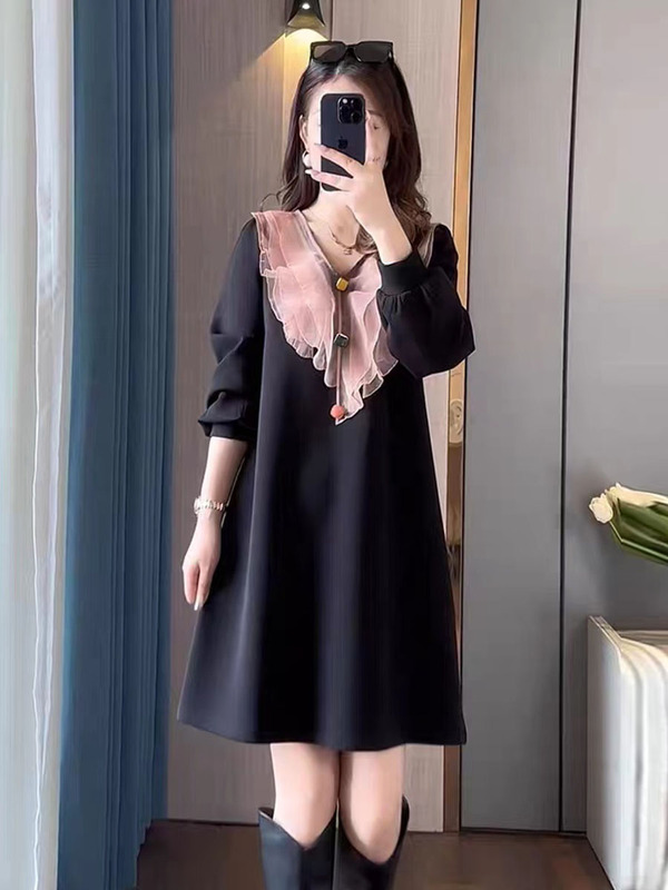 V-Neck Ruffled Long-Sleeved Plus-Size Mid-Length Dress for Petite Women, 2024 Spring and Autumn New Style, Age-Reducing, Stylish, Loose-Fitting Dress