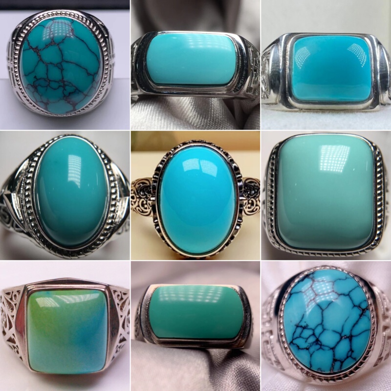 Natural Raw Turquoise Men's Ring, Unenhanced, High-Quality Porcelain Cabochon, Hubei Shiyuan Vintage, Comes with a Certification